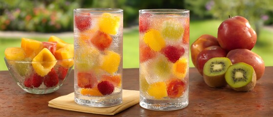 Colorful fruit ice cubes in glasses
