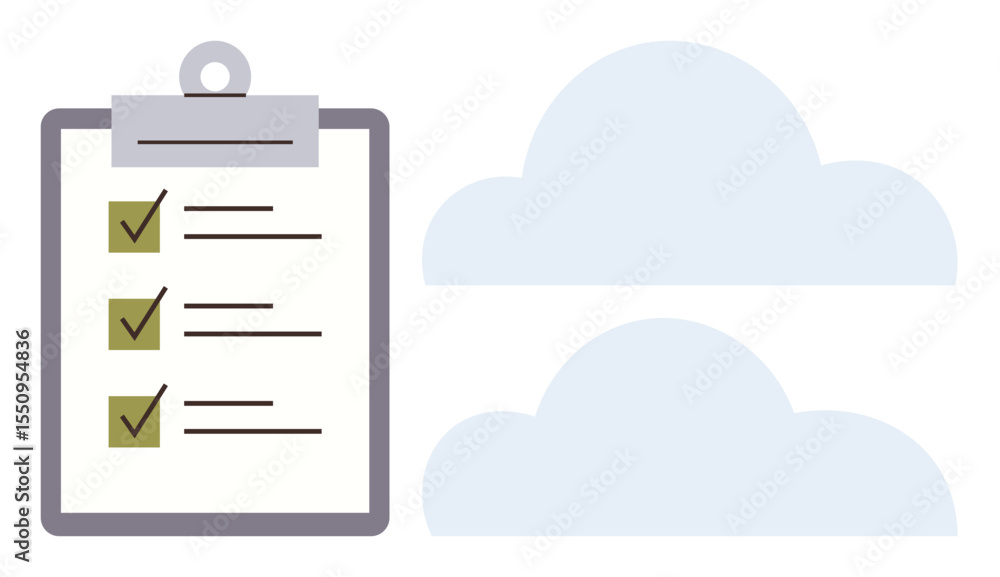 Poster clipboard with completed checklist and checkmarks alongside two minimalist clouds. ideal for organiz