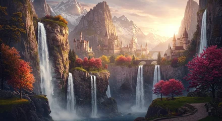 Wandcirkels Pantone 2025 Mocha Mousse Fantasy landscape waterfall city autumn  © Gunung