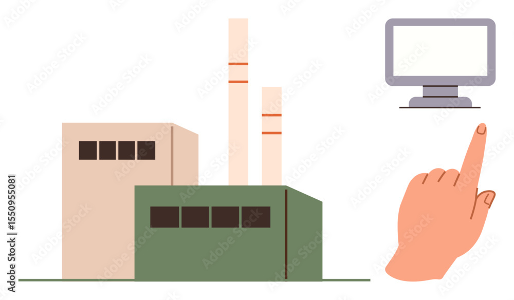 Poster factory building with chimneys beside a computer screen and hand pointing at it. ideal for technolog