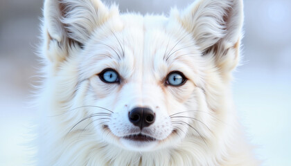 Arctic fox with blue eyes looking at the camera in winter environment  