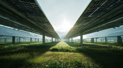 A solar panel field installed on a lush green grassy plain under a bright sky, representing clean energy, sustainability, and modern renewable technology.