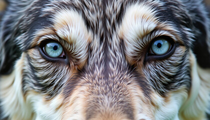 Close-up of a dog's blue eyes with textured fur background  