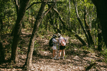 Two female friends with backpacks on vacation hiking through countryside together. Asian friend girls backpacker friend travel in forest wild together. happy and enjoying sunny day while hiking.
