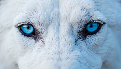 White lion with striking blue eyes looking directly at the camera  
