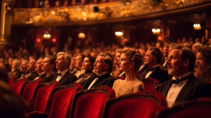 A wealthy person watching a performance in a luxurious theater, showcasing elegance, leisure, and high-class lifestyle in a dramatic ambiance.