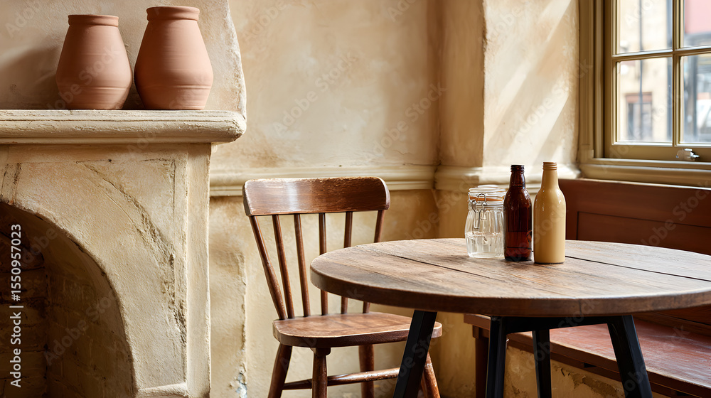 Poster a cozy and inviting room with a charming table setting. the composition evokes warmth and tranquilit