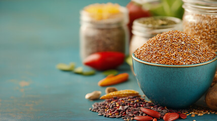 A vibrant plant-based spread with fresh vegetables, greens, and grains on a rustic table, illuminated by natural sunlight for a wholesome, earthy feel.