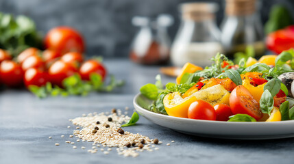 A vibrant plant-based spread with fresh vegetables, greens, and grains on a rustic table, illuminated by natural sunlight for a wholesome, earthy feel.