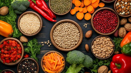 A vibrant plant-based spread with fresh vegetables, greens, and grains on a rustic table, illuminated by natural sunlight for a wholesome, earthy feel.