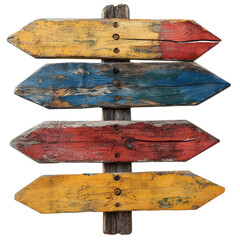 Four weathered wooden directional signs in yellow, blue, red, and yellow, mounted on a post with visible nail heads and textured paint wear.