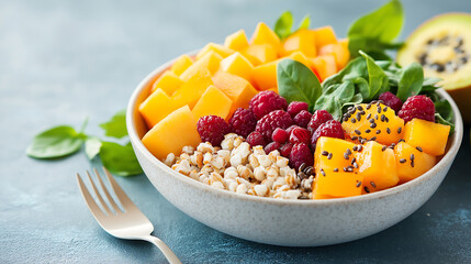 A vibrant plant-based spread with fresh fruits, greens, and grains on a rustic table, illuminated by natural sunlight for a wholesome, earthy feel.