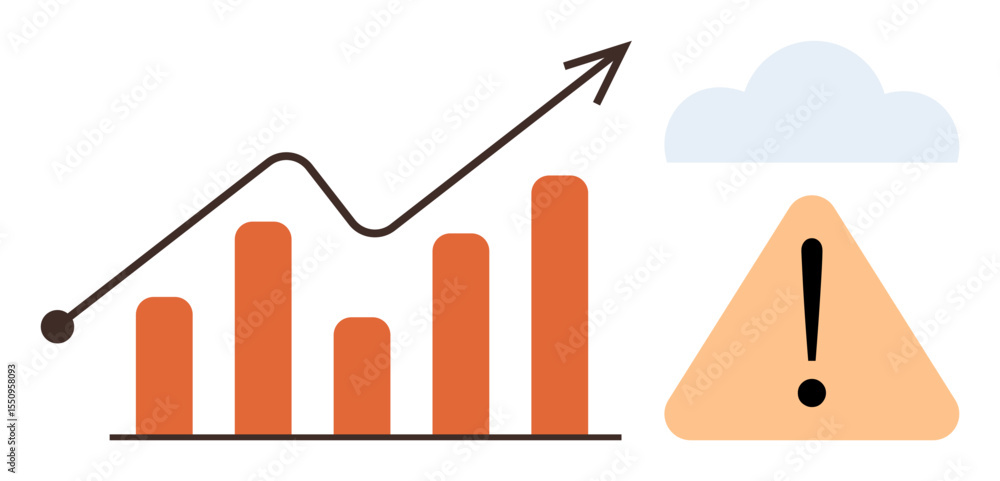 Poster bar graph with upward trend arrow, triangular warning sign, and cloud. ideal for analytics, risk man