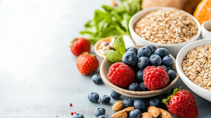A vibrant plant-based spread with fresh fruits, greens, and grains on a rustic table, illuminated by natural sunlight for a wholesome, earthy feel.