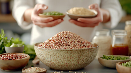 A wholesome plant-based display of legumes and grains in a bright, minimalist kitchen, with natural light enhancing the fresh and healthy ingredients.