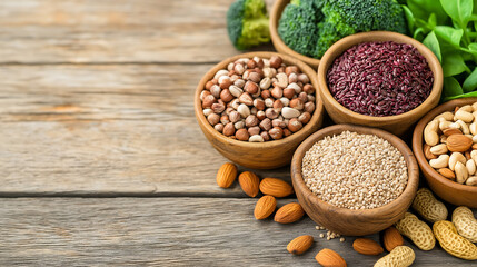 A vibrant plant-based spread with fresh vegetables, greens, and grains on a rustic table, illuminated by natural sunlight for a wholesome, earthy feel.