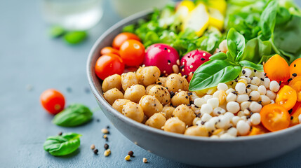 A vibrant plant-based spread with fresh vegetables, greens, and grains on a rustic table, illuminated by natural sunlight for a wholesome, earthy feel.