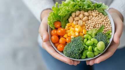A vibrant plant-based spread with fresh vegetables, greens, and grains on a rustic table, illuminated by natural sunlight for a wholesome, earthy feel.