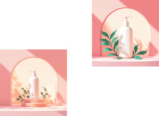 Vsai white cosmetic bottle with pump dispenser on pink arch background displaying sustainable beauty product