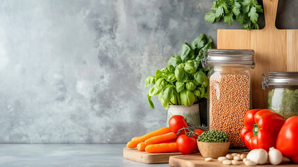 A vibrant plant-based spread with fresh vegetables, greens, and grains on a rustic table, illuminated by natural sunlight for a wholesome, earthy feel.