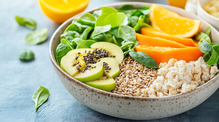 A vibrant plant-based spread with fresh fruits, greens, and grains on a rustic table, illuminated by natural sunlight for a wholesome, earthy feel.