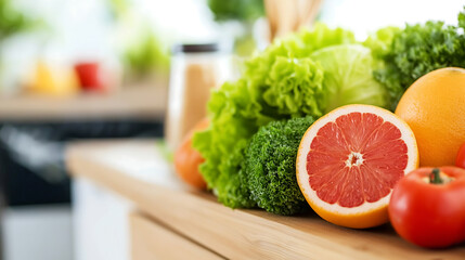 A vibrant plant-based spread with fresh fruits and greens, on a rustic wooden table, illuminated by natural sunlight for a wholesome, earthy feel.