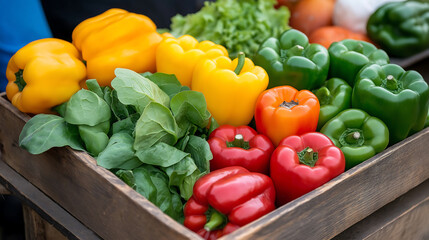 A vibrant plant-based spread with leafy greens, bell peppers, and tomatoes, artfully arranged on a rustic wooden table with a touch of natural sunlight.