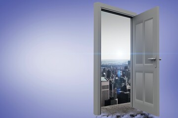 Obraz premium Digital image of open door with cityscape