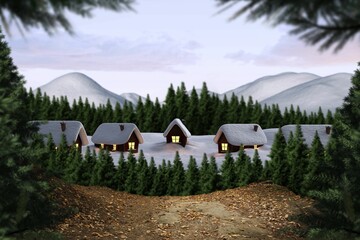 Digitally generated Cute village in the snow