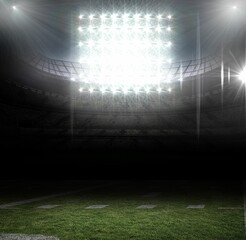 Bright stadium floodlight array is glowing in flat design over seating tiers and green turf field
