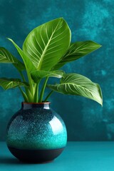 Vibrant teal vase with lush green plant