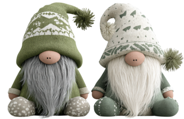 Two cute Scandinavian gnomes in green and white , isolated on a transparent background.png