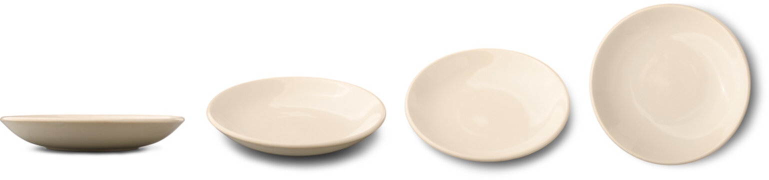 set of beige color ceramic or porcelain shallow plates or bowls isolated white background, mock-up template of dishware in different angles