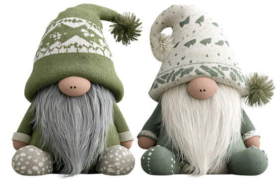 Two cute Scandinavian gnomes in green and white , isolated on a transparent background.png