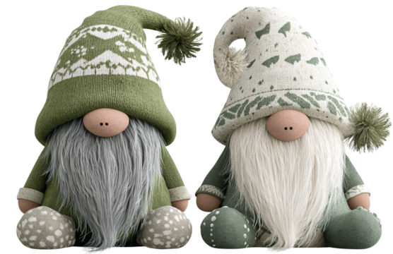 Two cute Scandinavian gnomes in green and white , isolated on a transparent background.png