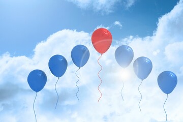 Seven blue, one red helium balloons are floating in flat-design sky with clouds, copy space