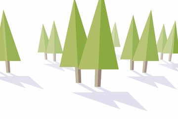 Flat design pine tree is standing among green brown-trunked trees on white, casting long shadows © vectorfusionart