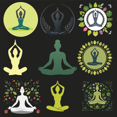 Vector Silhouette of Women Practicing Yoga and Meditation with Nature Elements,
Peaceful Yoga Poses and Meditation Vector Icons in Floral and Leafy Style