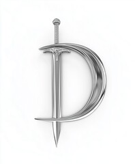 Elegant Sword-Letter D Silver 3D Logo, Studio Light White BG, Minimal Metallic Brand Identity Knight Theme