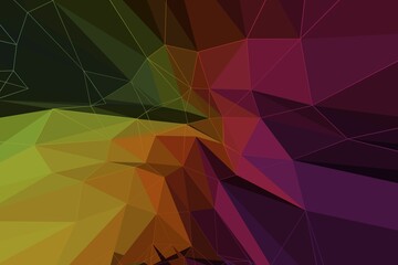 Array of colorful triangular polygons is forming low-poly gradient across transparent background