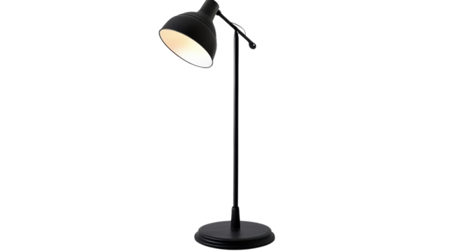 Adjustable black floor lamp with flexible gooseneck, modern office accessory Transparent background, PNG