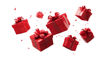 Red gift boxes flying, isolated on a transparent background png