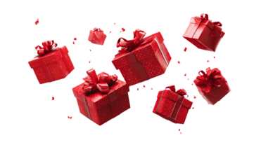 Red gift boxes flying, isolated on a transparent background png