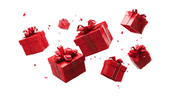 Red gift boxes flying, isolated on a transparent background png