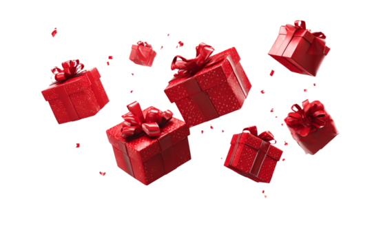 Red gift boxes flying, isolated on a transparent background png