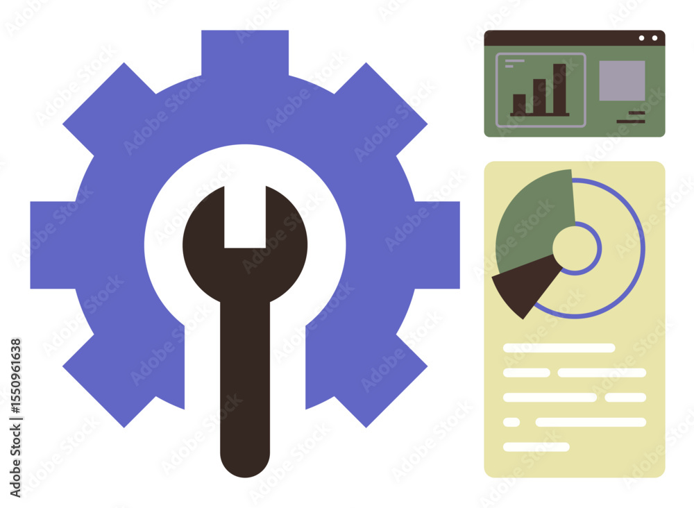 Aufkleber gear and wrench signifying system maintenance, accompanied by bar chart and pie chart for analytics.