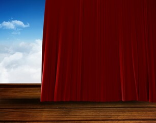 Red velvet curtain is moving aside on wooden stage floor, flat design revealing bright blue sky