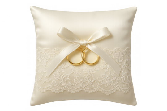Two golden wedding rings are displayed on a satin pillow adorned with lace and tied with a ribbon, symbolizing a forthcoming marriage