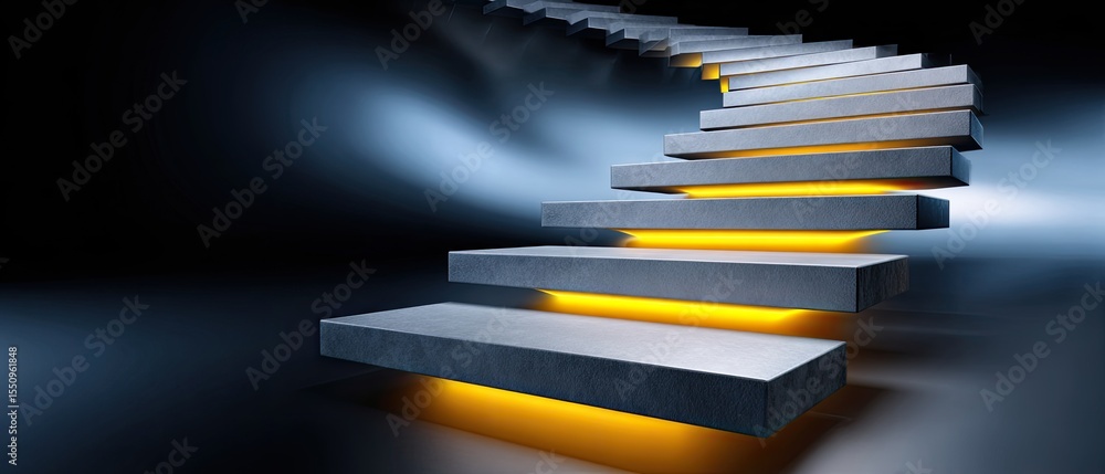 Poster business success growth concept. illuminated staircase against a dark background, creating a modern 