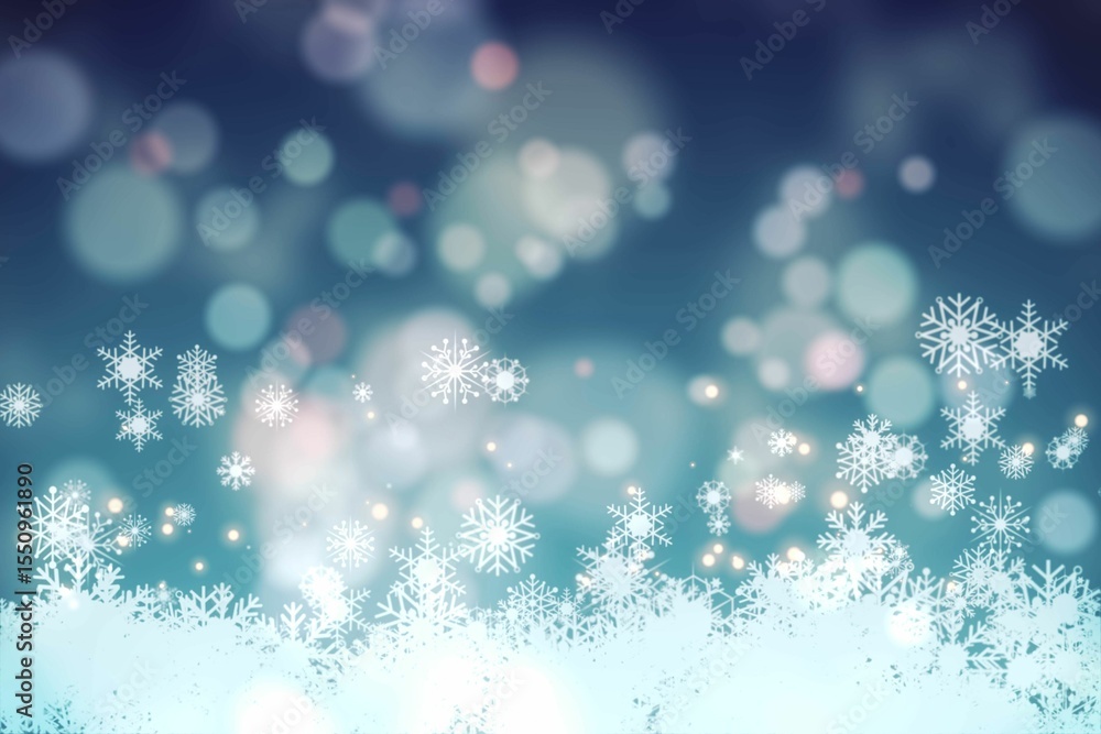 Poster white stylized snowflakes are clustering along bottom edge in flat design with bokeh lights